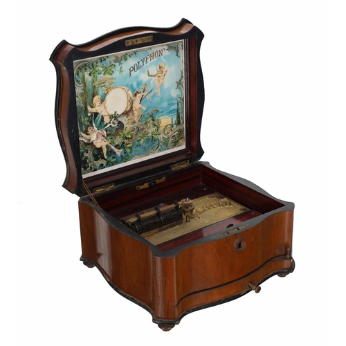 Late 19th century walnut table polyphon in a serpentine walnut case, 10.75" wide, depth 10.25", 6.75" high; with a group of discs