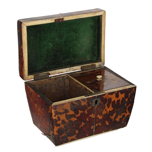 1251 - 19th century tortoiseshell and ivory tea caddy in need of restoration, 6.5” wide, 5.5” high; togethe... 