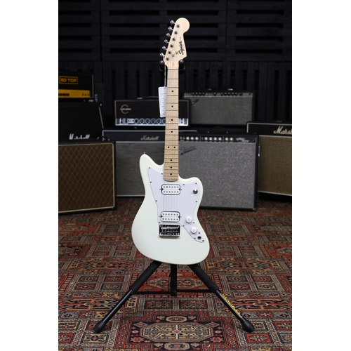 628 - 2022 Squier by Fender Mini Jazzmaster HH electric guitar, Olympic white finish (large paint chip to ... 