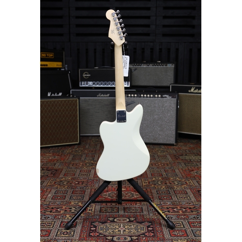 628 - 2022 Squier by Fender Mini Jazzmaster HH electric guitar, Olympic white finish (large paint chip to ... 