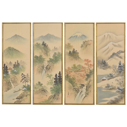 646 - Japanese School (20th century) - The Four Seasons, a mountainous river landscape with figures on a b... 