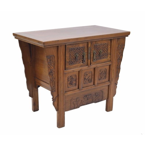 816 - Chinese hardwood altar table, the plain top over two short drawers and three carved symbol panels, f... 