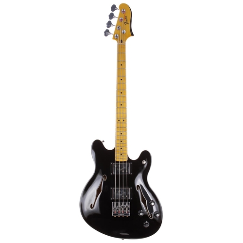 13 - 2013 Fender Starcaster bass guitar, crafted in China; Body: black finish, light marks; Neck: maple; ... 