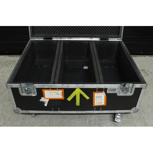 557 - The Script - heavy duty multi-section low flight case on wheels to house three amplifier heads, bear... 