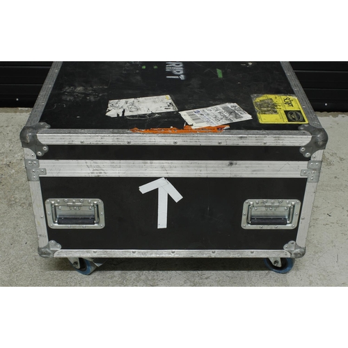 557 - The Script - heavy duty multi-section low flight case on wheels to house three amplifier heads, bear... 