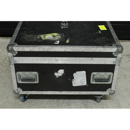 557 - The Script - heavy duty multi-section low flight case on wheels to house three amplifier heads, bear... 