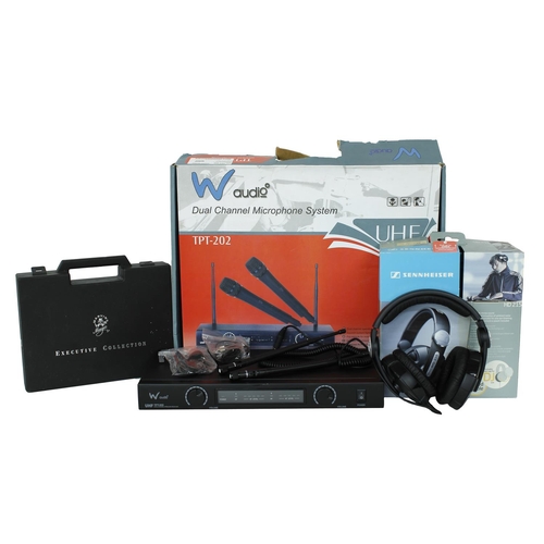 3054 - W Audio TPT202 wireless microphone receiver (microphones not included), with two unbranded headset m... 