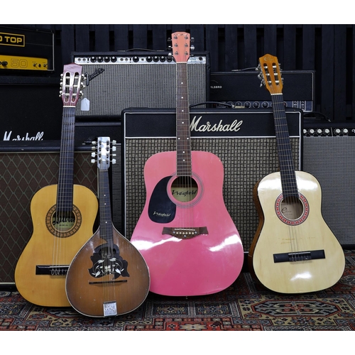 758 - Westfield B200 left-handed acoustic guitar, pink finish (imperfections); together with two short sca... 