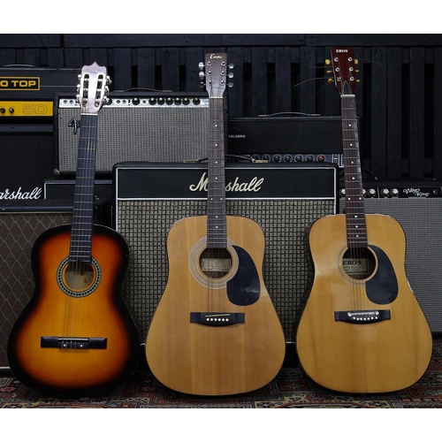 763 - Two acoustic guitars in need of restoration to include an Encore W250 and an Eros WJ500; together wi... 