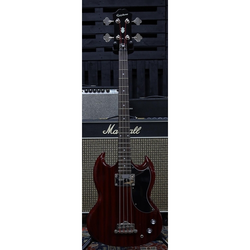 764 - 2012 Epiphone EBO bass guitar; Body: cherry finish; Neck: good, bolt-on; Fretboard: rosewood; Frets:... 