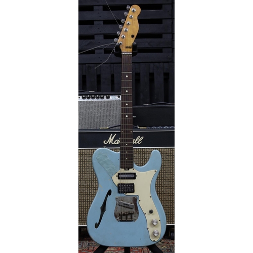 775 - Vintage Japanese customised Thinline T-Type electric guitar; Body: repaired body refinished in sky b... 