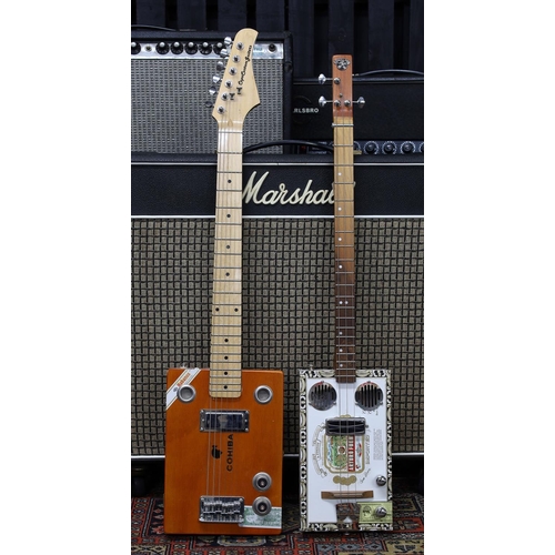 785 - Chicken Bone John three string cigar box guitar; together with a Capo Custom Guitars six string ciga... 