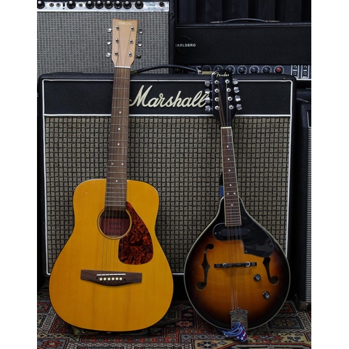 808 - Yamaha FG-Junior JR-1 small bodied acoustic guitar, with soft bag; together with a Fender FM-52E ele... 