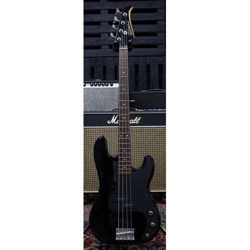 814 - Silvertone SSLB-11 bass guitar; Body: black finish, scratches and dings throughout; Neck: maple; Fre... 