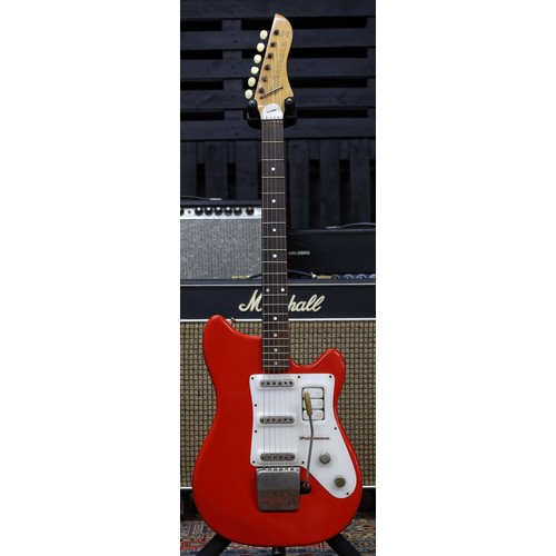 837 - 1960s Futurama I electric guitar, made in Czechoslovakia; Body: red finish, light checking throughou... 