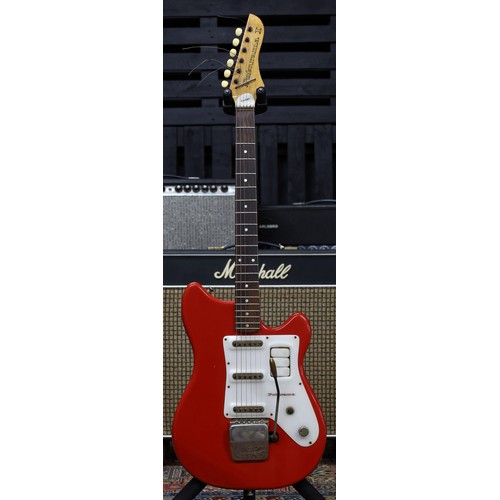 838 - 1960s Futurama I electric guitar, made in Czechoslovakia; Body: red finish, minor checking and dings... 