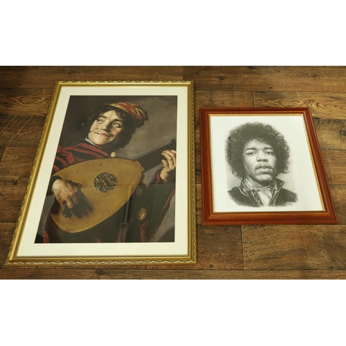 600 - Jimi Hendrix - black and white sketch print of Jimi Hendrix, framed; together with a large copy post... 