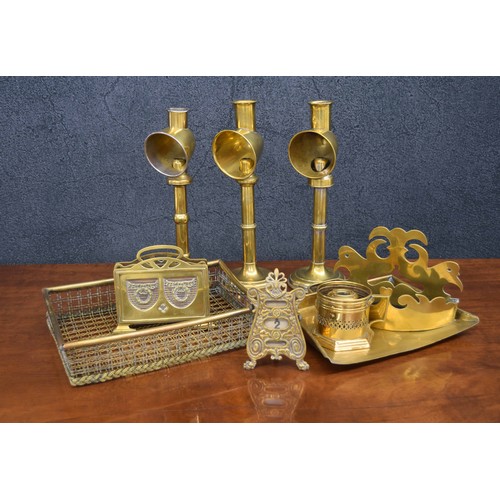 1024 - Group of antique and later brass table/desk items including a paper tray, three student candle holde... 