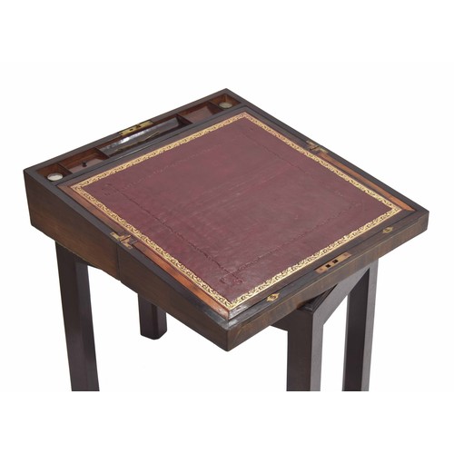 1225 - 19th century rosewood crossbanded and brass inlaid writing slope on a later stand, the fitted interi... 