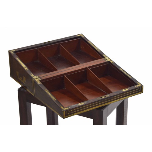 1261 - 19th century rosewood brass inlaid writing box on later mahogany stand, with recessed brass carry-ha... 