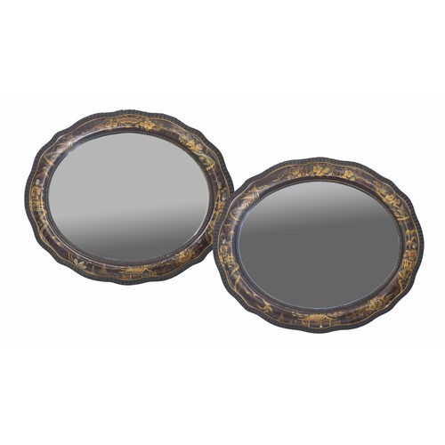 1685 - Good decorative pair of oval chinoiserie decorated wall mirrors, inset with bevelled plates within e... 