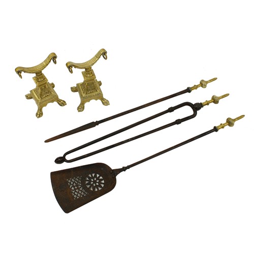 1073 - Pair of decorative brass andirons with square bases and paw feet, 8.75