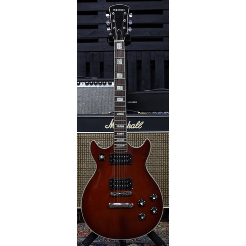 755 - 1980s Madeira by Guild double cut electric guitar; Body: trans red finish with blemishes and dings t... 