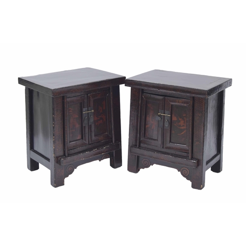 818 - Pair of Chinese lacquered and decorated bedside cupboards, 22.5