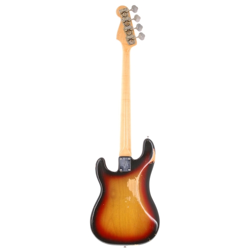 26 - 1973 Fender Precision Bass guitar, made in USA; Body: three-tone sunburst finish, buckle wear to bac... 