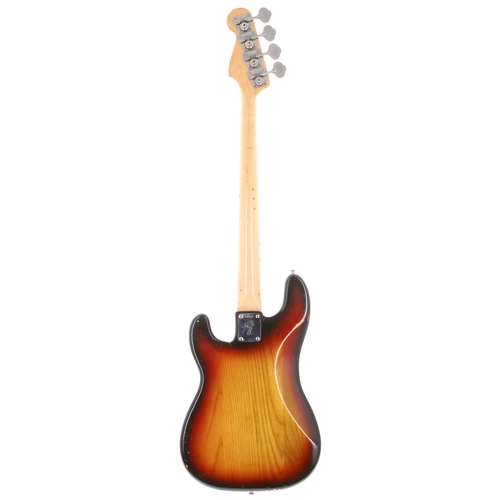 27 - Fender Precision Bass guitar, made in USA, circa 1974; Body: three-tone sunburst finish, finish wear... 