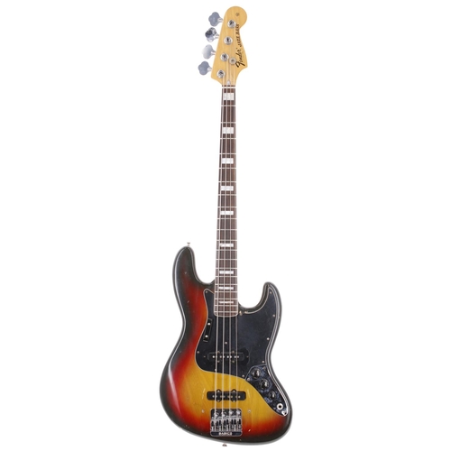 29 - 1976 Fender Jazz Bass guitar, made in USA; Body: three-tone sunburst finish, buckle blemish to back,... 