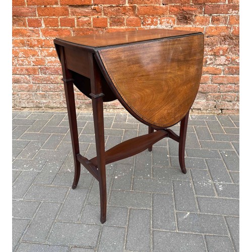 1757 - Edwardian mahogany satinwood banded dropleaf side table, the swivel top upon slender supports united... 