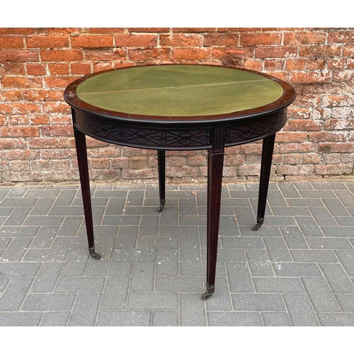 1760 - 19th century mahogany demi-lune foldover games table, the baize lined interior over a blind fret car... 