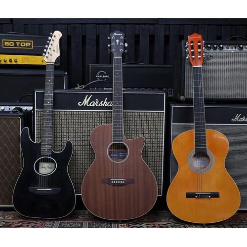 875 - Three acoustic guitars to include a Harley Benton ST-Acoustic, an Ibanez AEG7MH and a World Rhythm n... 