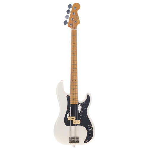 68 - Modified 1980s Fender Precision bass guitar; Body: thick white refinish, paint bubbling, further mar... 