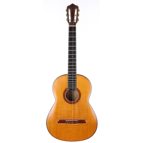 3223 - Classical guitar, made in Madrid, Spain, 1942, bearing an indecipherable label; Back and sides: Indi... 