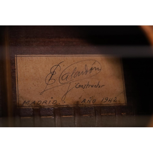 3223 - Classical guitar, made in Madrid, Spain, 1942, bearing an indecipherable label; Back and sides: Indi... 