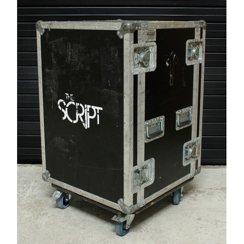 565 - The Script - heavy duty rack flight case on wheels enclosing an arrangement of pull-out shelving uni... 