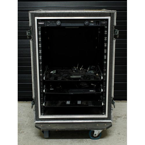 565 - The Script - heavy duty rack flight case on wheels enclosing an arrangement of pull-out shelving uni... 