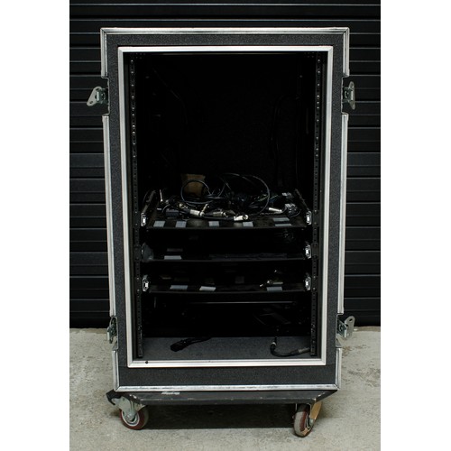 566 - The Script - heavy duty mulit-rack flight case on wheels, fitted with an arrangement of pull-out dra... 