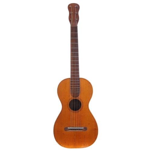 3205 - Interesting 19th century small bodied guitar with unusual cambered fretboard, within semi-rigid fibr... 