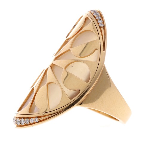 84 - Bvlgari 'Intarsio' 18ct diamond and mother of pearl ring, 52 AWT666, 15.3gm, width 31mm, ring size L... 