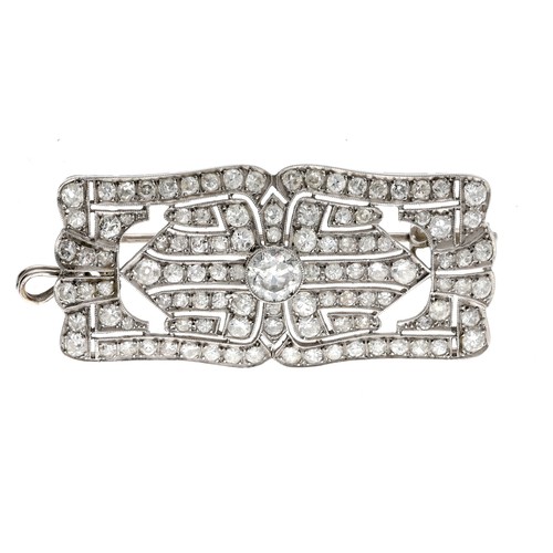 100 - Art Deco diamond white metal plaque brooch, the centre old-cut diamond 0.75ct approx, numbered '3103... 