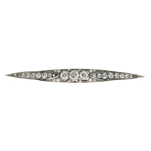 101 - Antique diamond set bar brooch, the centre diamond 0.40ct approx, 4.8gm, 63mm wide (ref.218)... 