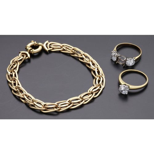 104 - 9ct bracelet, 7.6gm; with two CZ rings (stone missing), 13gm in total (ref.223)... 