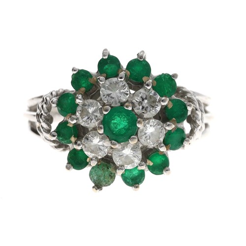 107 - Fancy white gold emerald and diamond cluster ring, 4.9gm, 14.5mm, ring size L/M (ref.231)... 