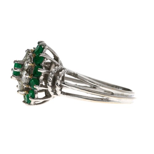 107 - Fancy white gold emerald and diamond cluster ring, 4.9gm, 14.5mm, ring size L/M (ref.231)... 