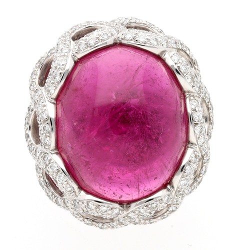 137 - Large fancy 18ct white gold cabouchon ruby and diamond ring dress ring, width 25mm, 19.1gm, ring siz... 