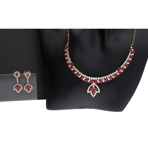 150 - Impressive ruby and diamond collar necklace with matching drop earrings, the necklace with marquise ... 