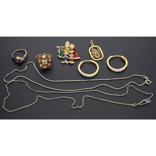 156 - Quantity of yellow and white metal jewellery including a diamond and enamel pendant, pair of diamond... 